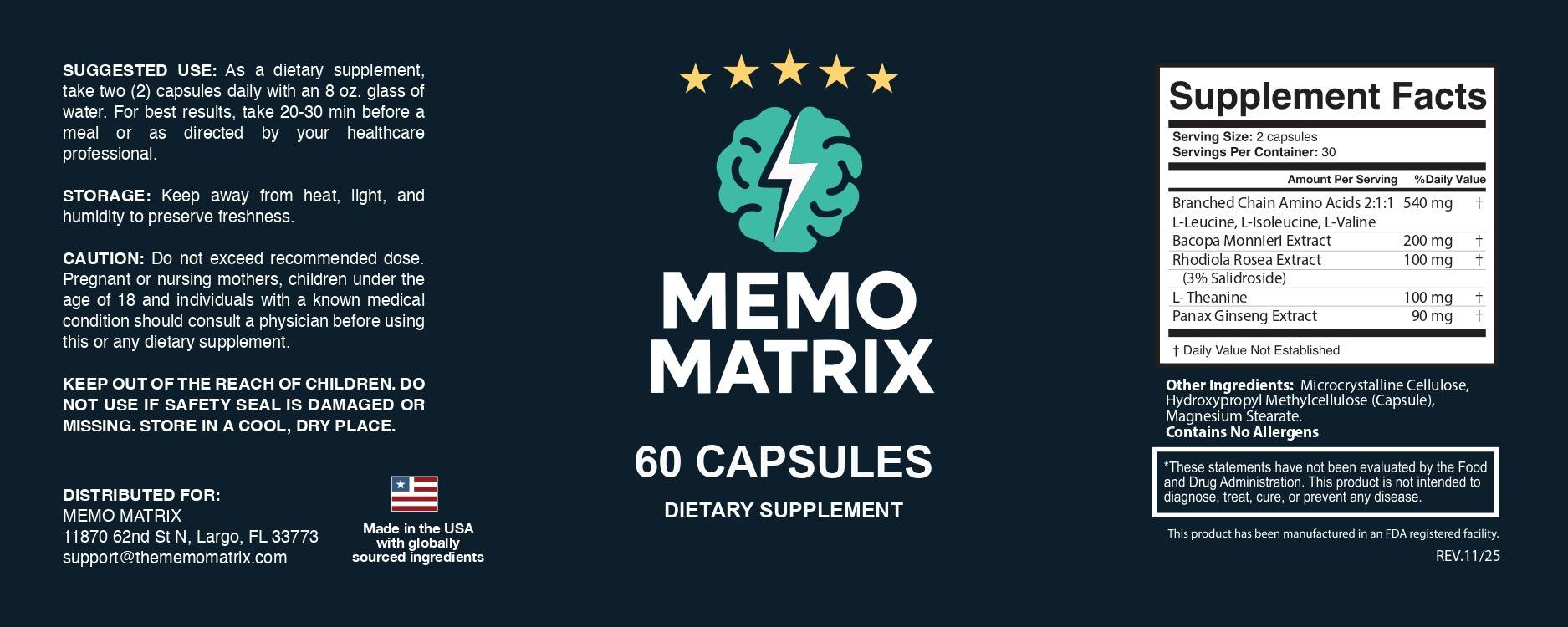 Memo Matrix supplement facts label