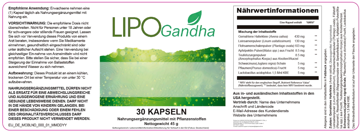 LipoGandha supplement facts label